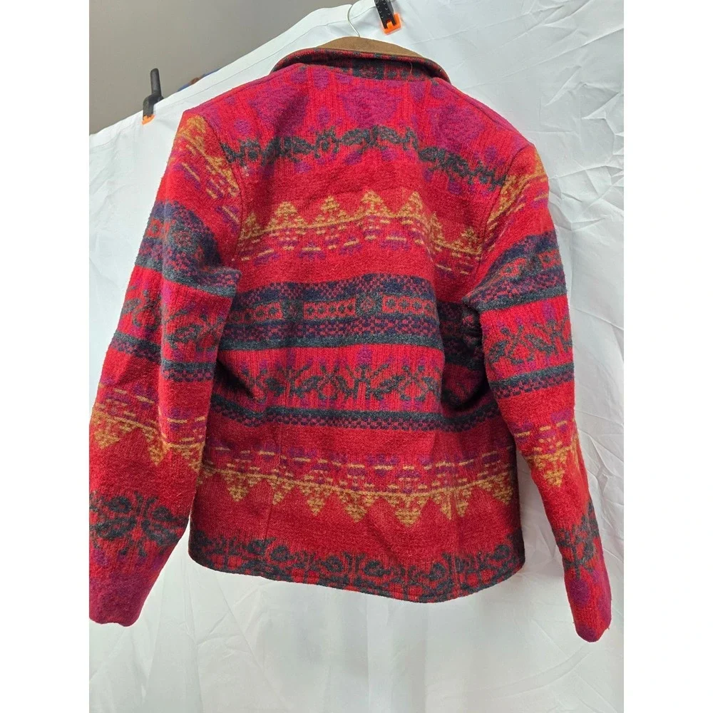 Woolrich Women's Geometric Pattern Jacket Red Blue‎ Yellow Suede Trim Size M